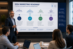 Pharma brand strategy team reviewing 2026 healthcare marketing trends and digital strategy roadmap
