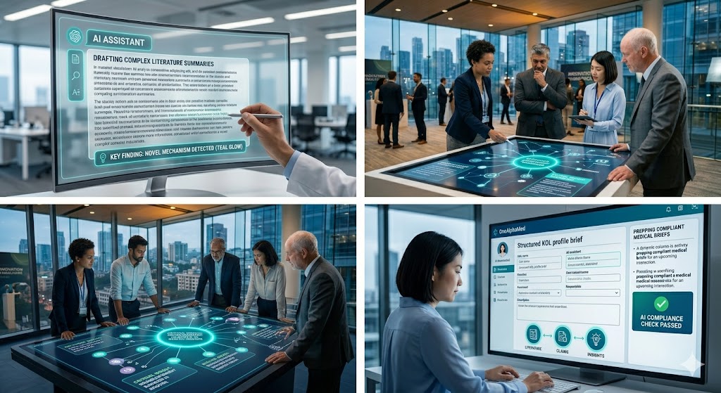 A medical affairs / MSL team reviewing a dashboard showing AI-flagged literature and KOL insights on a large screen, mid-discussion — collaborative, not futuristic or sci-fi.